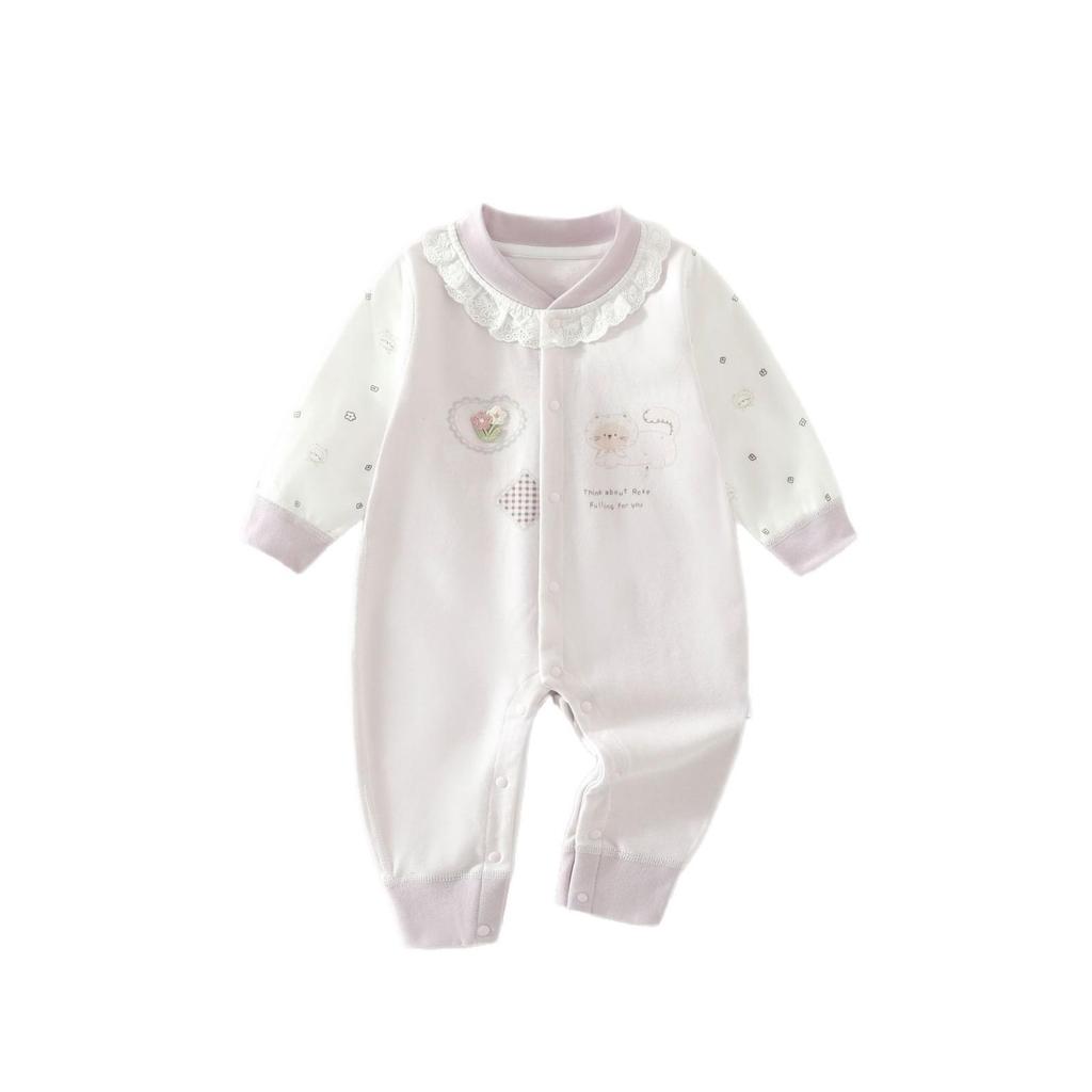Cotton Lace Trim Long Sleeve Newborn Bodysuit Pajamas
