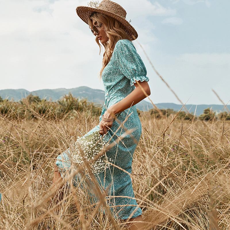 Dámské jarní, elegantní šaty s vysokým pasem s výstřihem do V, jednoduchým, skládaným potiskem