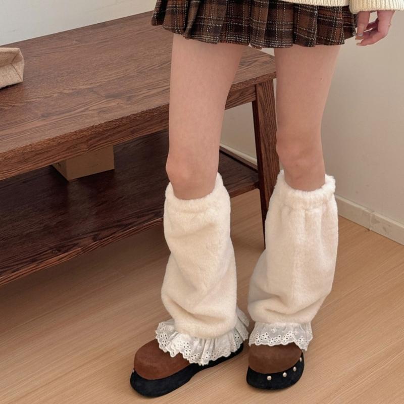 Elegant Ruffle Lace Trimmed Leg Sleeves Fleece Plush Cold Weather Essential Leg Warmers For Women's Fashion Long Socks