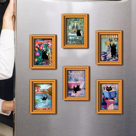 Photo Frame Refrigerator Magnets Oil Painting Cat Magnet, Wooden Black Magnetic Magnet Theme Retro Rectangle Decoration Decorative Fridge