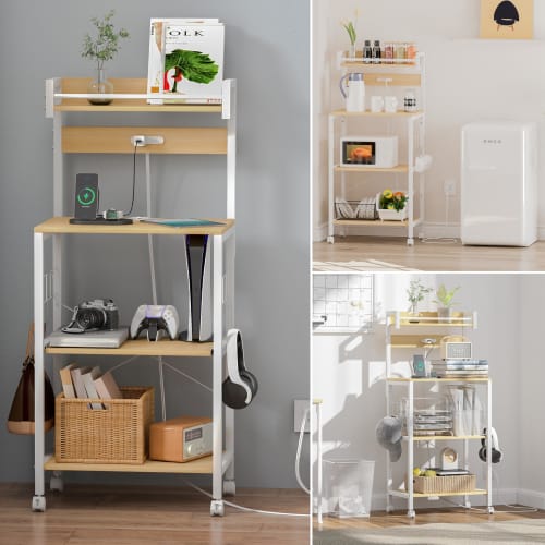 LunarLight Kitchen Baker's Rack, 22.2" W x 14.2" D x 53.2" H, Kitchen Rack, Microwave Rack, Open Rack, Printer Stand, with Two Outlets, Sliding Shelf