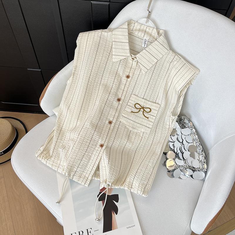 

2025 summer new fashion short-sleeved striped shirt women s design sense niche drawstring short top 3XL ([Recommended 138-75kg]) абрикосовый