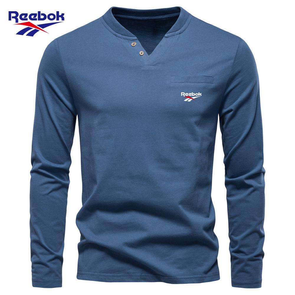Reebok 2026 Autumn New Men's Embroidery Casual European Size V-neck Long Sleeved T-shirt Slim Fit Base Shirt Pure Cotton T-shirt Top for Men