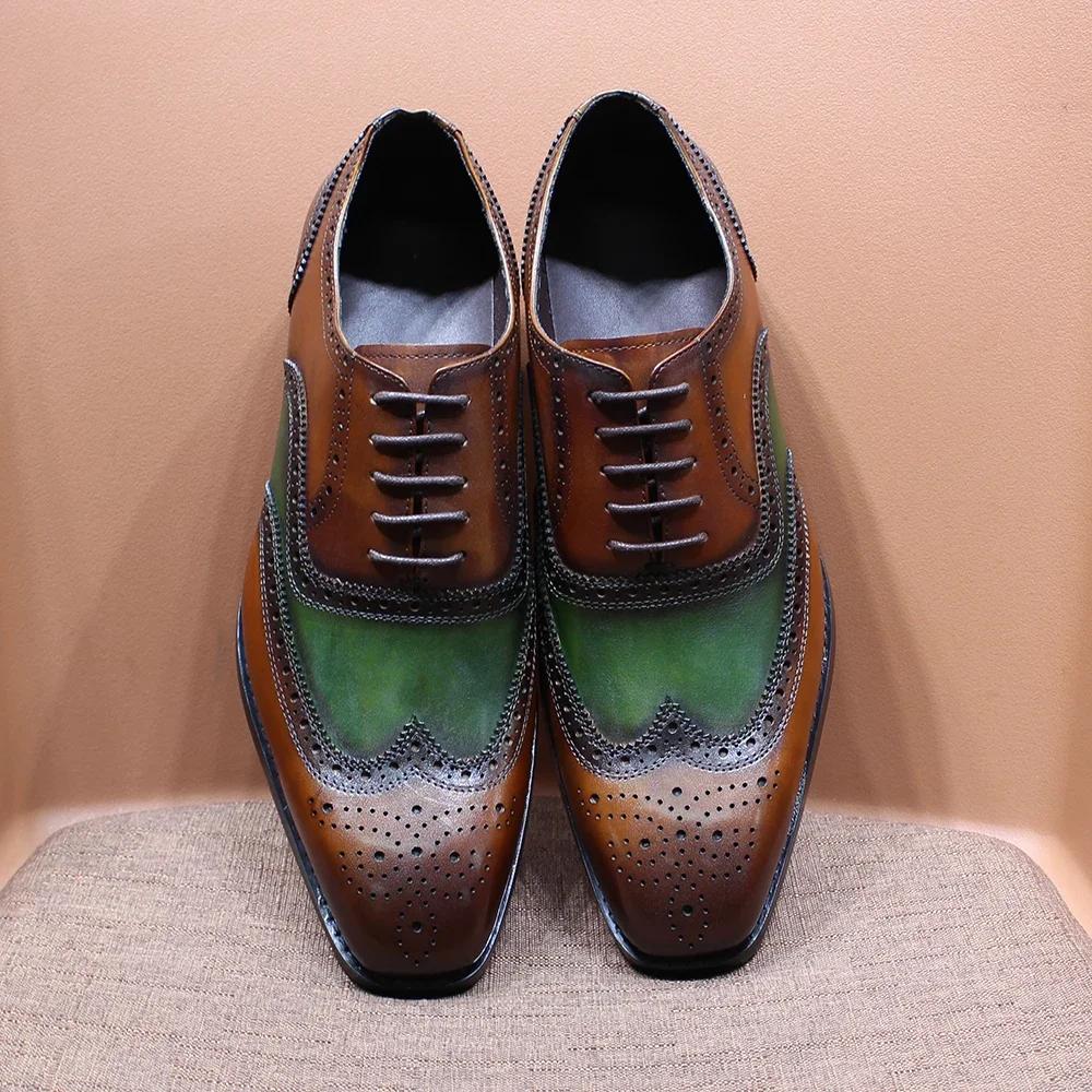 Luxury Mens Brogue Oxford Shoes Genuine Leather Lace Up Wedding Party Office Formal Shoes Handmade Wing Tip Mens Dress Shoes