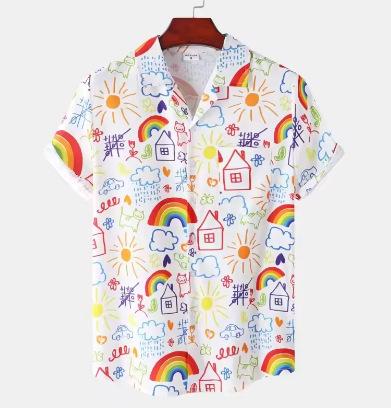 Summer Rainbow Men's Vacation Lapel Kamisa Oversized Hawaiian Shirt 3D Printed Fashion Men's and Women's Beach Short