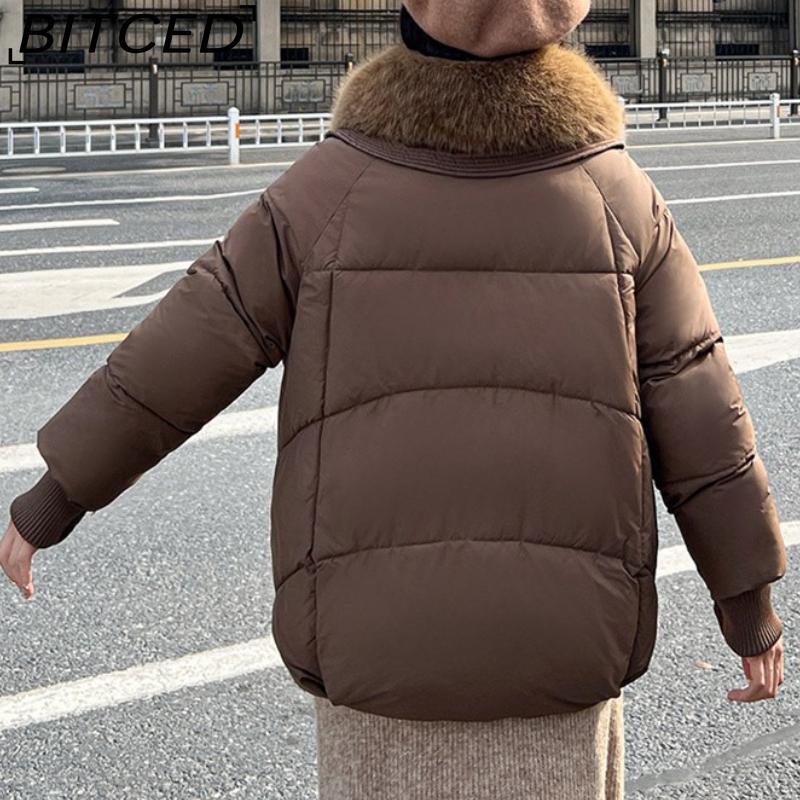BITCED Women's Short Down-Filled Cotton Jacket with Oversized Fur Collar - Winter Fashion Coat