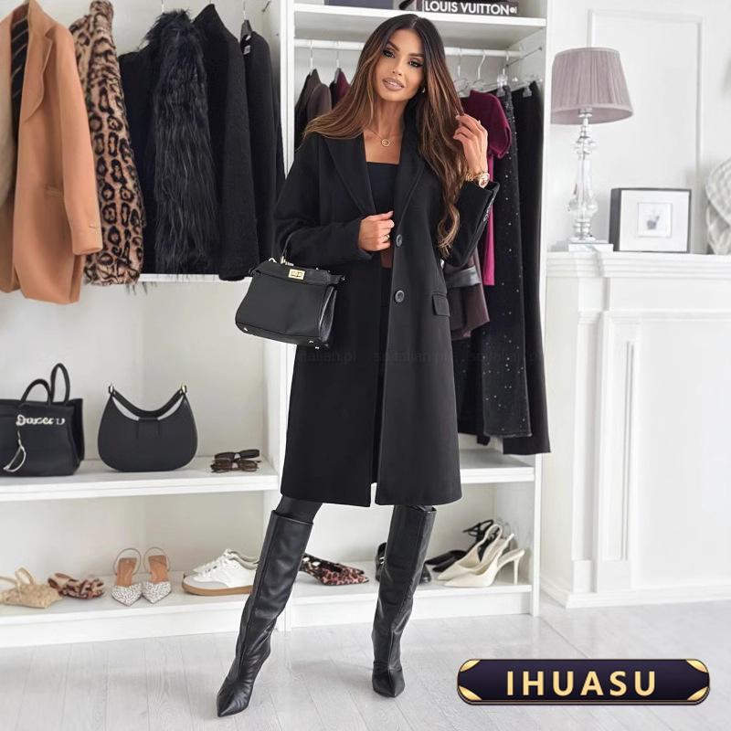 IHUASU Women's Vintage Casual Solid Color Print Autumn Winter Long Sleeve POLO Neck Jackets & Coats Elegant