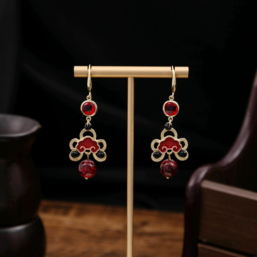 Red Series Beaded Earrings, National Style Auspicious Cloud Water Drop Pearl Earrings, Cheongsam Hanfu Accessories