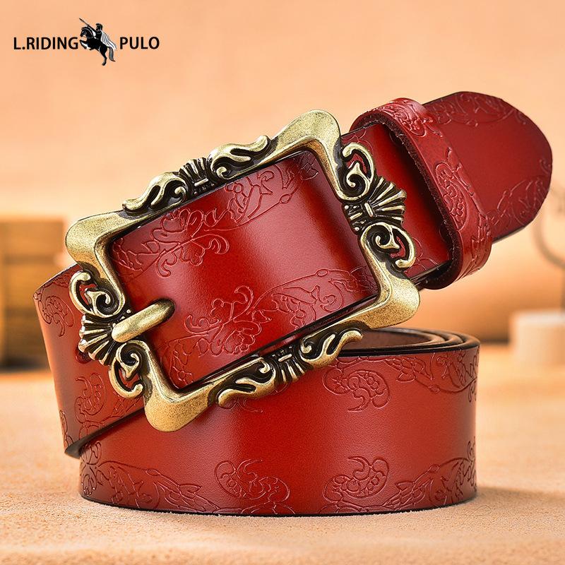 

Винтажный ремень из натуральной кожи женский с пряжкой-булавкой, рельефный ремень из коровьей кожи, корейский стиль, универсальный ремень для брюк 110cm