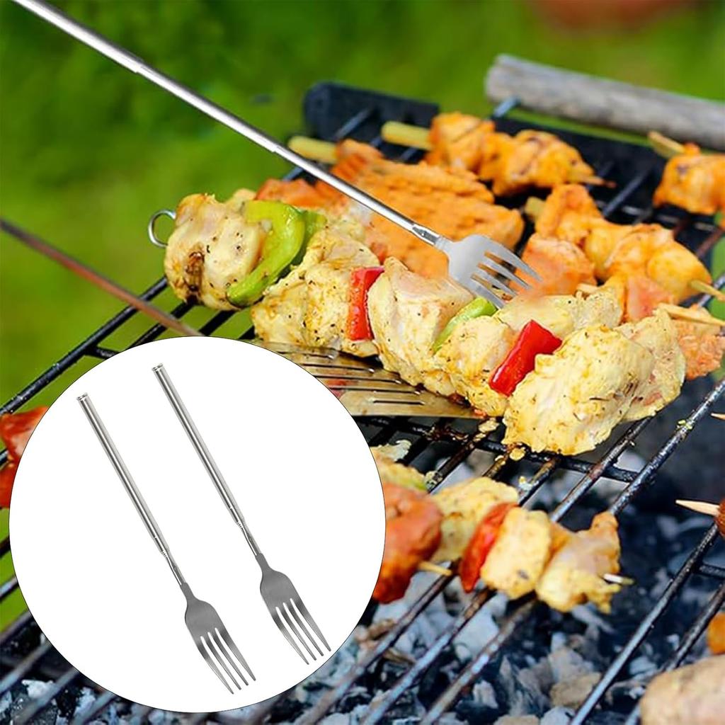 2Pcs Extendable Fork, Stainless Steel Telescopic Forks With Long Handle, Extended Fork for BBQ Dinner Fruit Dessert, Extends 8.4 To 25.2 Inch