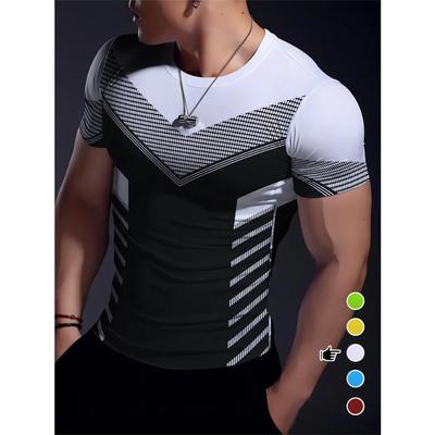 T-shirt girocollo con stampa geometrica elasticizzata - Asciugatura rapida, traspirante, abbigliamento estivo per fitness, allenamento e palestra - Ideale per gli sport maschili
