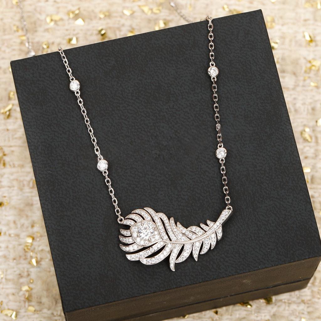 Hot Brand Vintage Full Diamond Women's Necklace Luxury Jewelry for Women Feather Designer Pendant Pure 925 Silverparty  Necklace