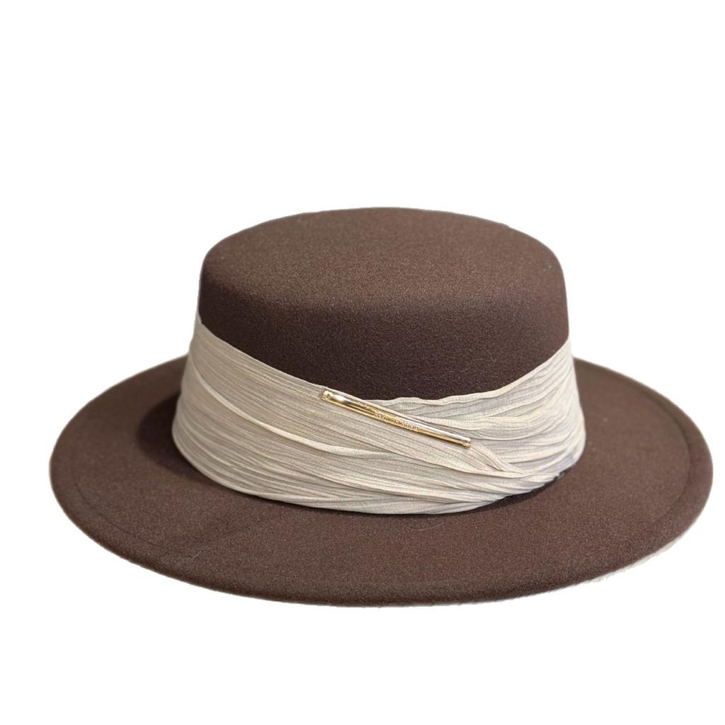 New Hepburn Style Silk Linen Bow Wool Flat Hat Women's Autumn and Winter Retro Flat Brim Hat Fashionable Felt Hat