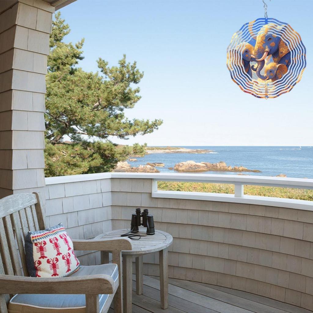 3D Metal Wind Spinner - Mandala Laser-Cut Kinetic Sculpture with Holographic Starry Sky Elephant Family Design