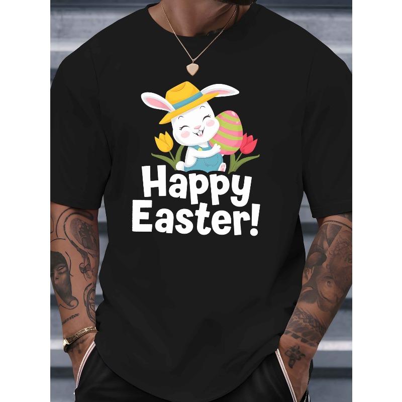 

European Size Men s Easter Bunny & Egg Print Short Sleeve T-Shirt - Lightweight Breathable Round Neck Summer Top with Rabbit & Egg Pattern 4XL чорний