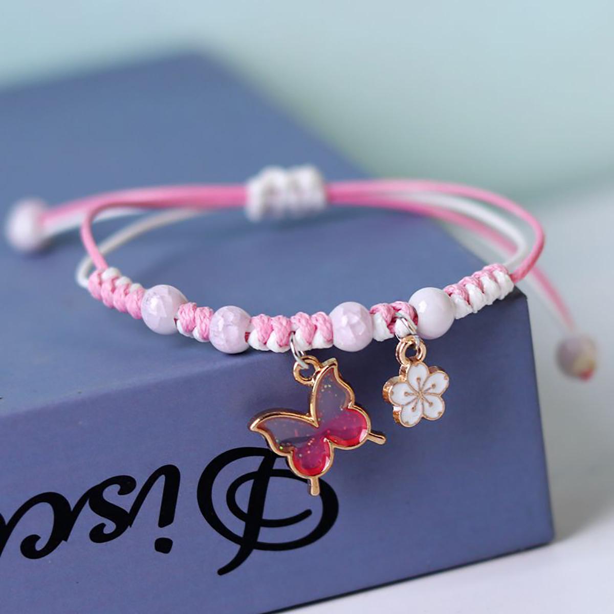

Bohemian Butterfly Flower Bracelets For Women Girls Handmade Purple Blue Pink Beads Braided Rope Chain Bracelet Bangles BFF Gift рожевий
