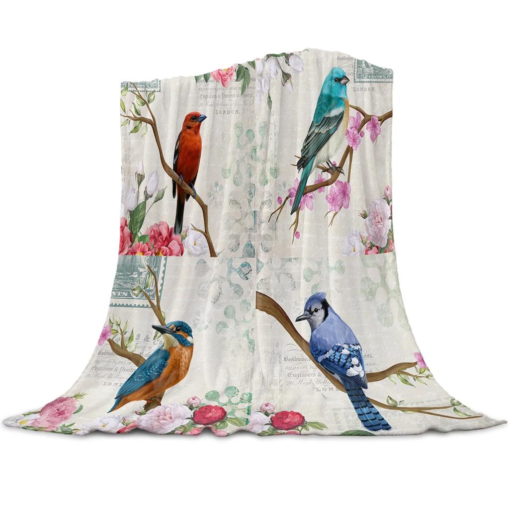 Blue Bird Pink Peach Flower Retro Printed Flannel Blanket Soft Throw Blanket for Bed Living Room Couch Sofa King Queen Size Warm