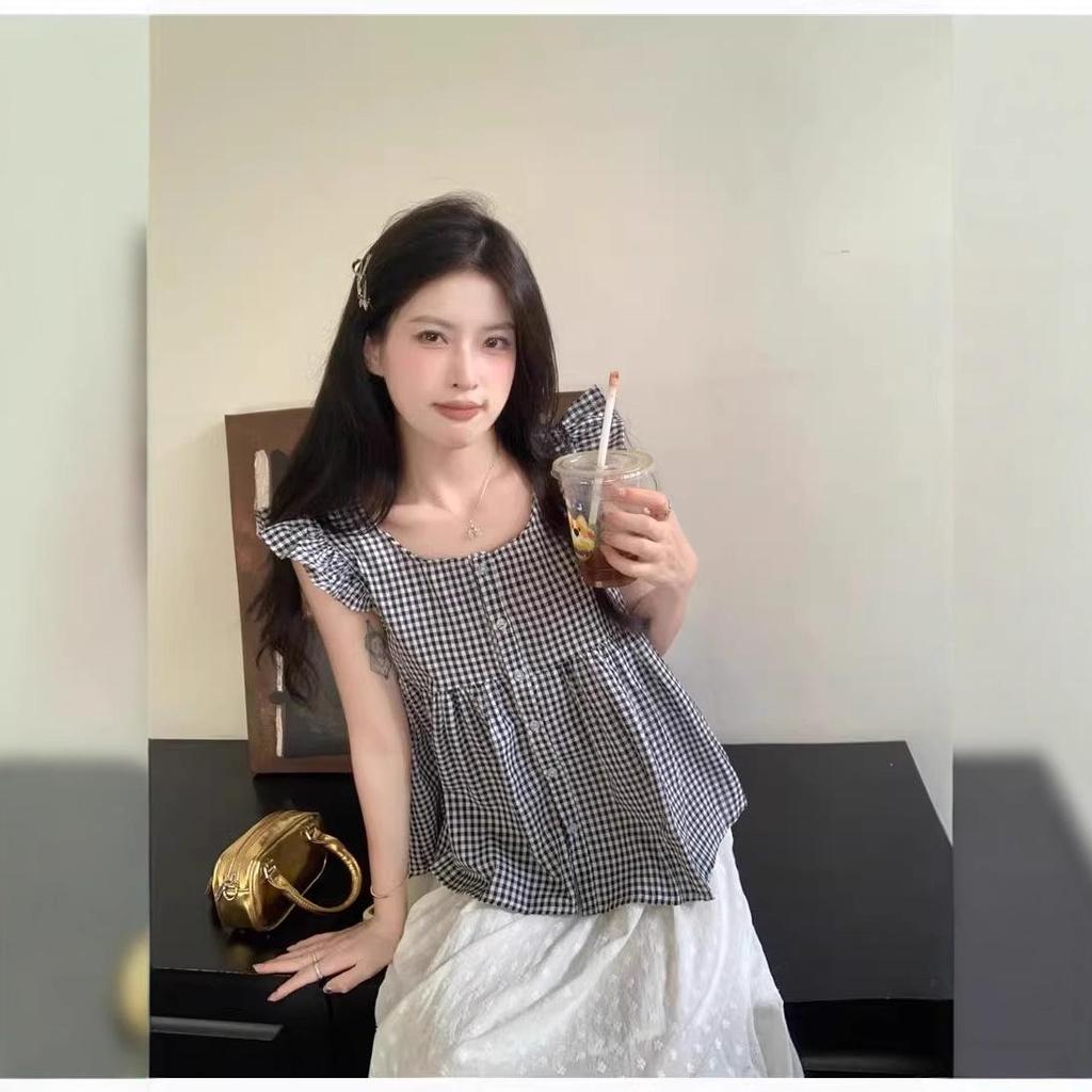 Women's Summer Plaid Loose-Fit Short-Sleeved Camisole Top