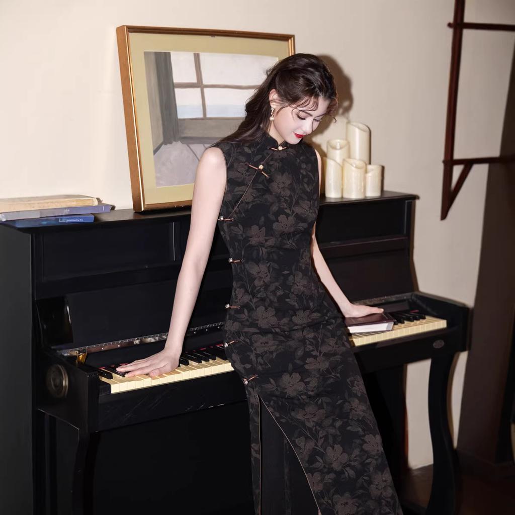 Black Sleeveless National Style Cheongsam Floral Printing Long Chinese Improved Young 1011 New Women's Retro Long Dress