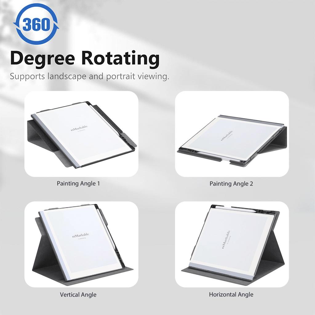 For Remarkable 2 Case Rotating Stand PC+PU Leather E-Reader Cover with Pen Holder