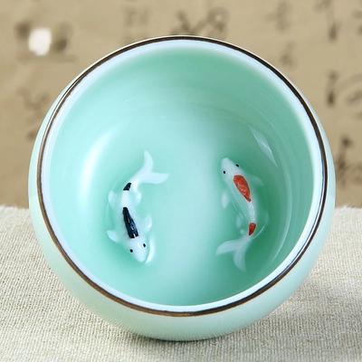 Chinese Longquan Celadon Porcelain 1pcs Tea cup,China Teacups and SaucerTea Bowl Golden Fish 60ml China Tea Pot Celadon Teacups