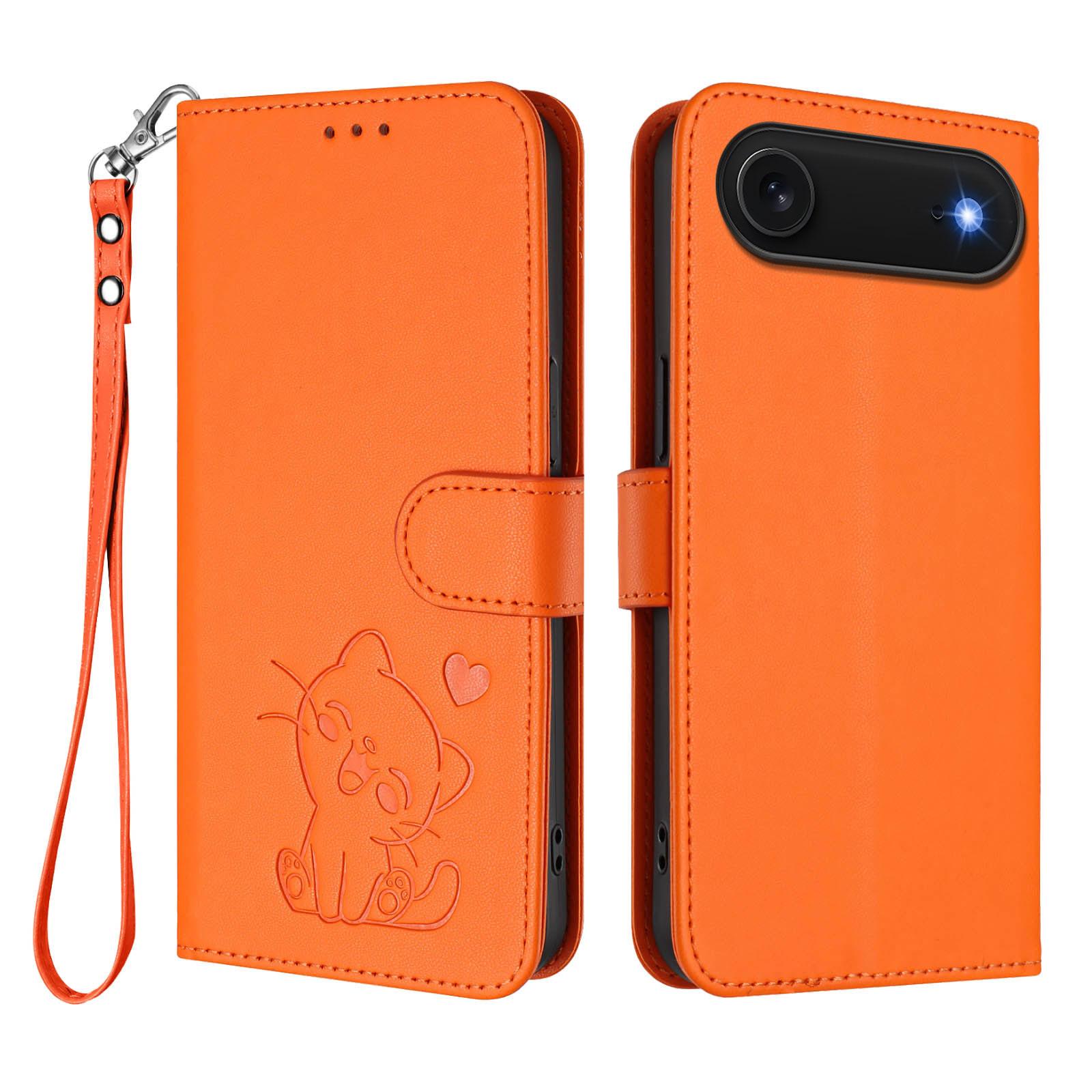 For iPhone Air Wallet Case with Wrist Strap Love Cat Pattern Imprint Leather Phone Cover F