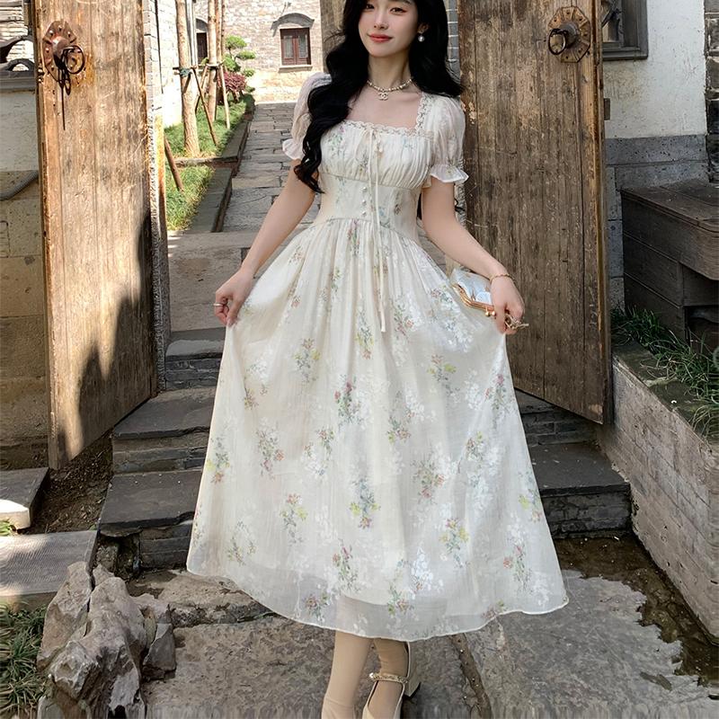 sachin and babi light blue dress Summer Dresses Fashion Short Sleeve Printed Floral Elastic Chest Lace up  A-Line MIDI Dress Women Casual Chiffon Dress - Dress and Women Dress price main image 0