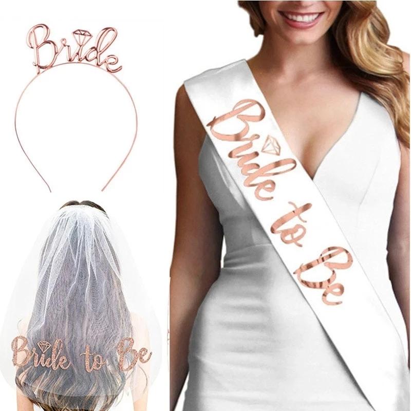 

1Set Bride To Be Veil Satin Sash Hiarband Bridal Shower Wedding Decorations Tattoo Stickers Hen Bachelorette Party Supplies
