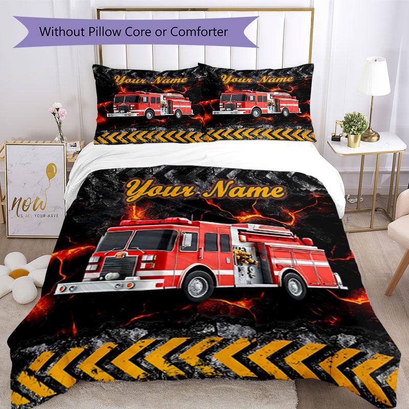3PC Custom Name Fire Truck Adventure Bedding Set Duvet Cover Closure Includes 1 Duvet Cover & 2 Pillowcases for Bedroom