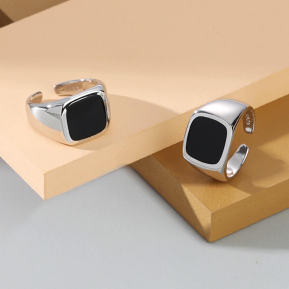 Classic Simple Black Square Opening Rings for Men Women Unisex Personality Sliver Color Stainless Steel Jewelry Accessories Gift