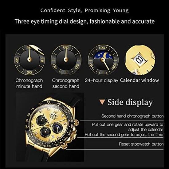 OLEVS stylish mens wristwatch business date popular fashion waterproof Japan quartz gold silica gel belt stopwatch analog chronograph sports gentleman