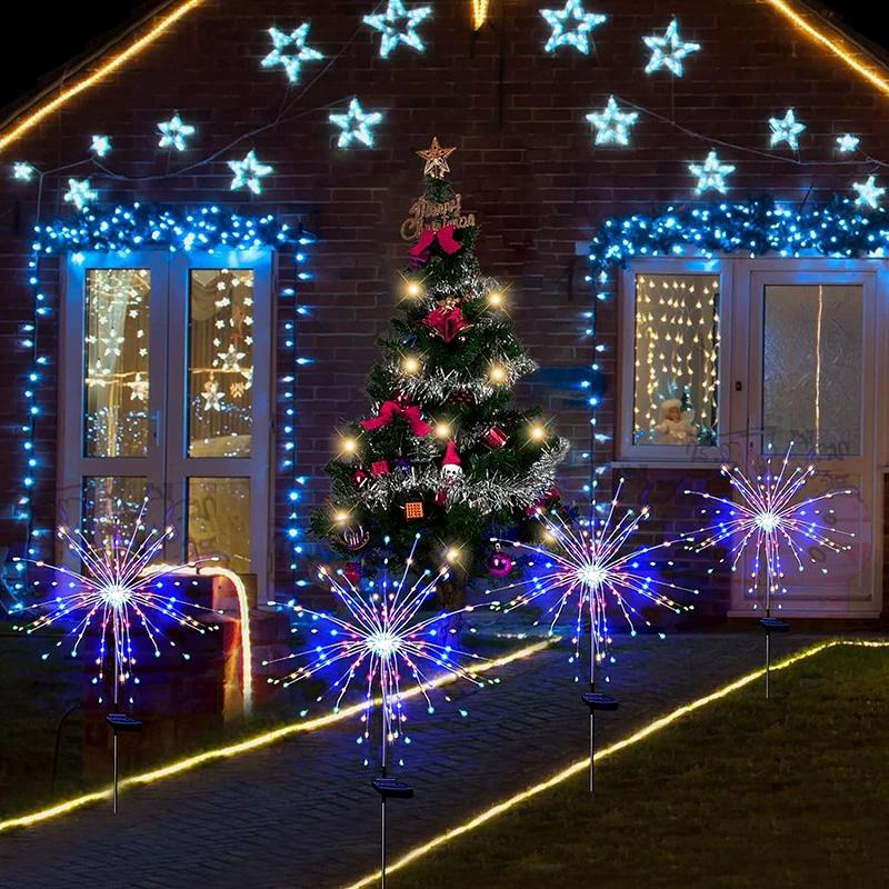 1pc 150 LED For Garden Patio Fireworks Lights Halloween Solar Christmas Stake Lamp Outdoor Landscape Decor Waterproof
