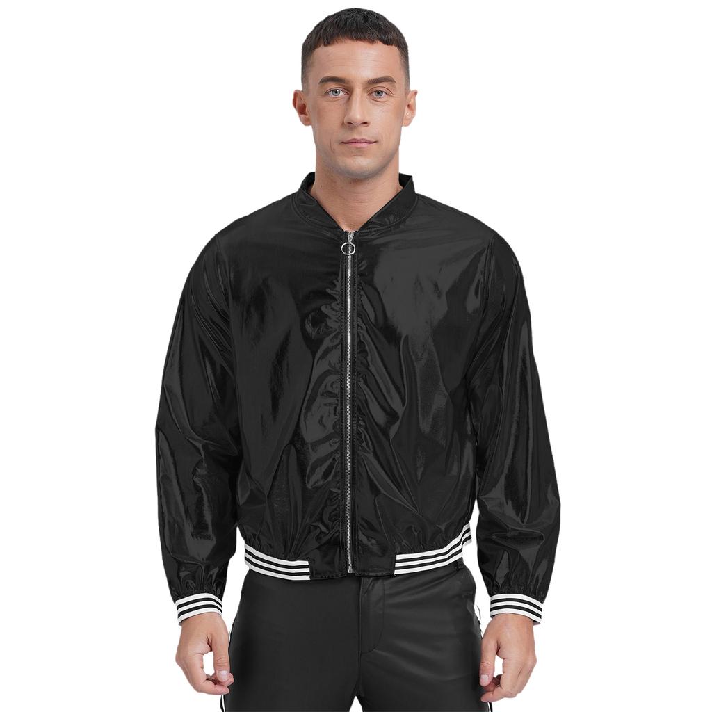 Mens Metallic Bomber Jacket Striped Band Long Sleeve Shiny Outerwear Club Coat Street Style