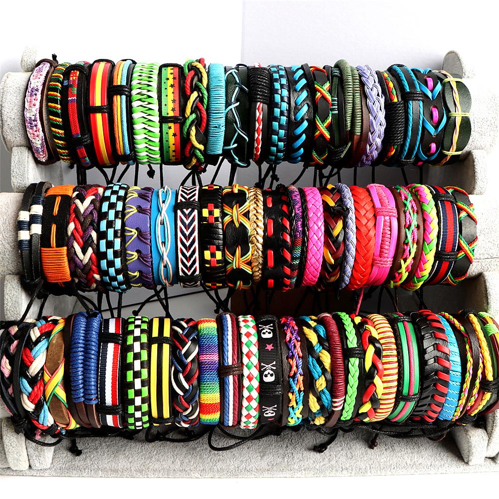 20pcs /Lot Handmade Retro Vintage Leather Cuff Bracelets Colorful Bangle Jewelry For Women Men Mix Styles Adjustable Party Gifts