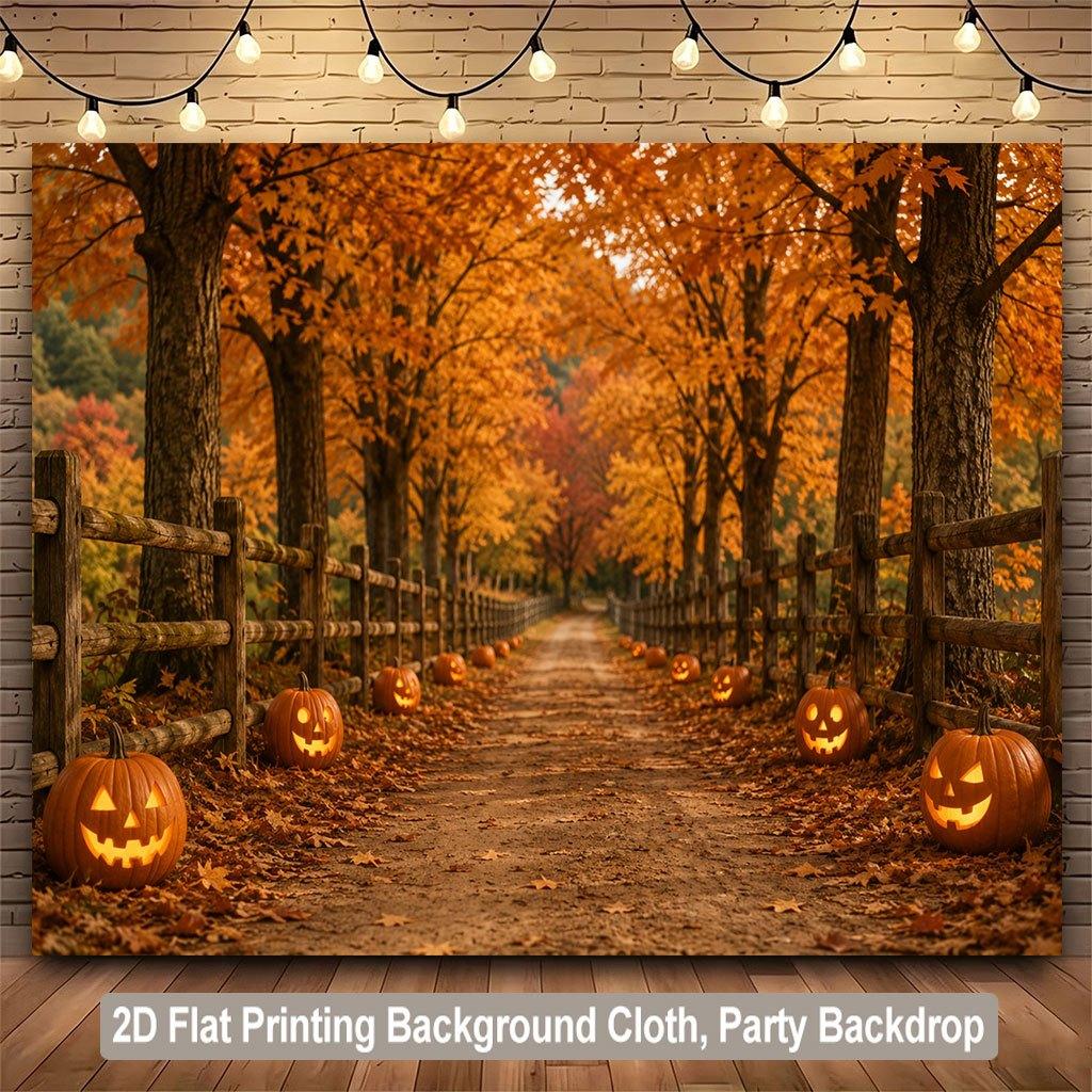 1 piece of 2D flat background fabric, pumpkin lantern autumn forest path scenery background banner, family, garden