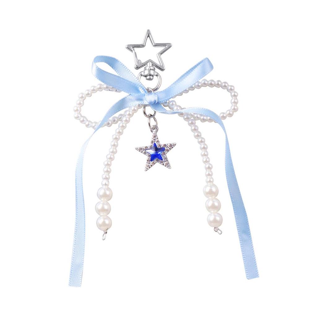 Versatile Multi-Color Webbing Faux Pearl Bow Rhinestone Star Keychain Charm