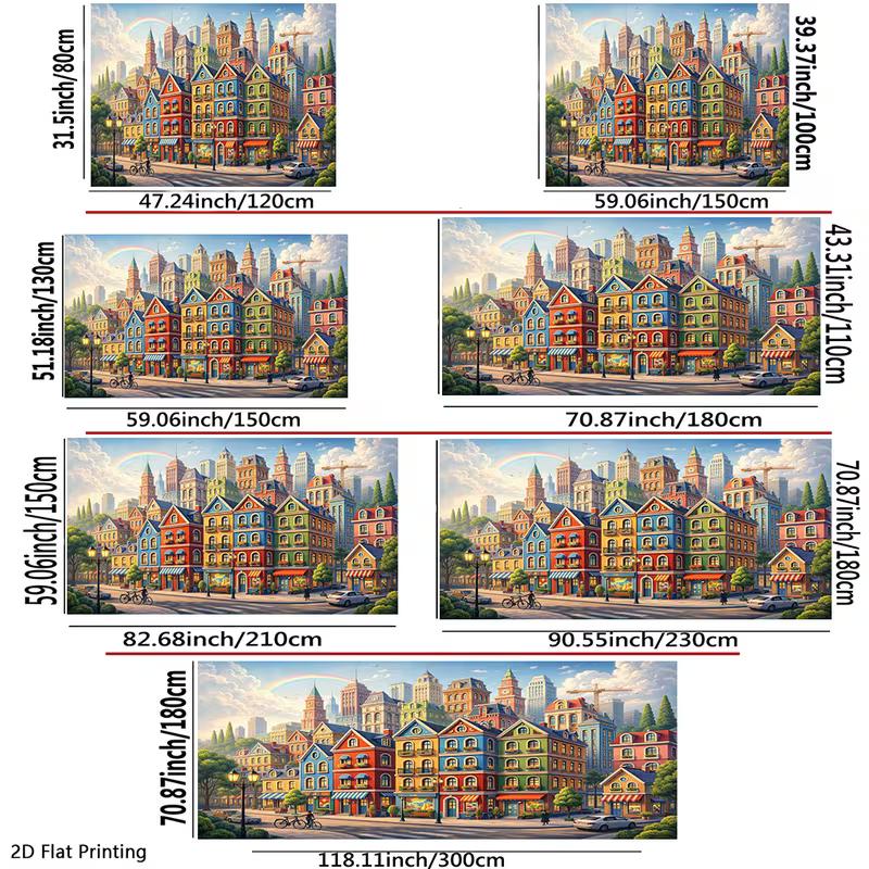 2D Cartoon City Backdrop, Colorful European Town & Rainbow Photography Banner