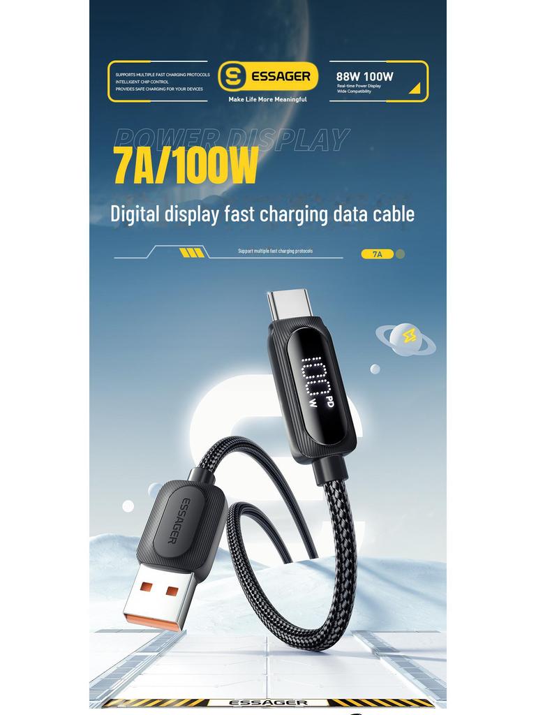 Nabíjecí kabel ESSAGER Type-C7A s digitálním displejem pro telefony Huawei, Honor, OPPO a další