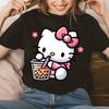 Hello Kitty Drinking Pearl Milk Tea Printed Womens Tshirt Cotton Shortsleeved Casual Top Personalized Womens Clothing