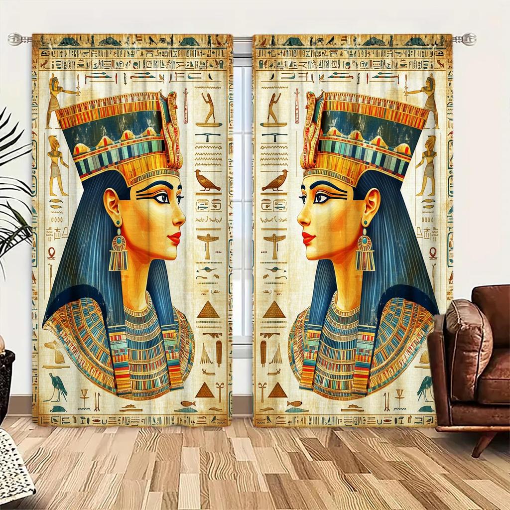 2 Panels Egyptian Mural Pattern Window Curtains   Versatile Design Suitable for Any Style   Creating a Peaceful Living Space