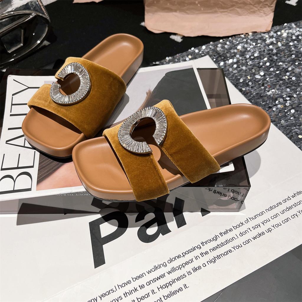 2025 new golden velvet rhinestone open-toe sandals, wear high-end hole slippers, flat-soled women's shoes tide