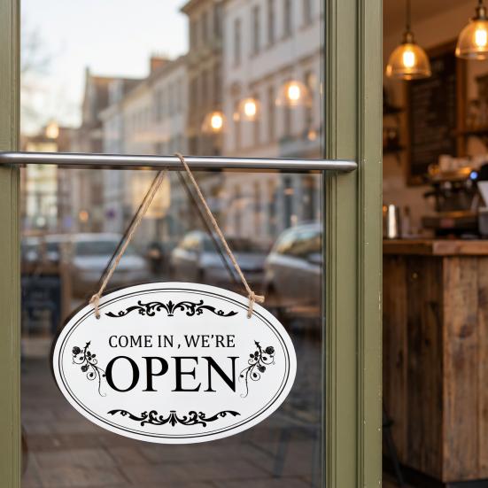 Oval Shaped Welcome Plaque Wooden Open Closed Sign, Double-Sided Hanging Door Sign with Vintage Indoor Store Front Display Frame, Waterproof