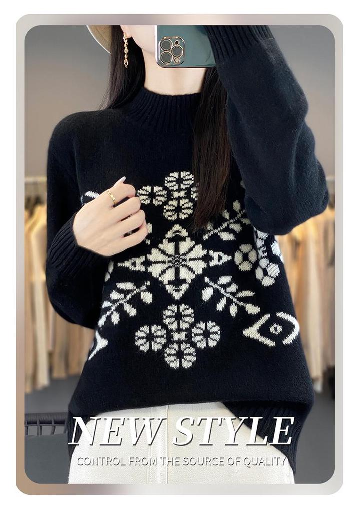 Women's High Neck Snowflake Wool Sweater - Autumn/Winter Color Block Knit Top