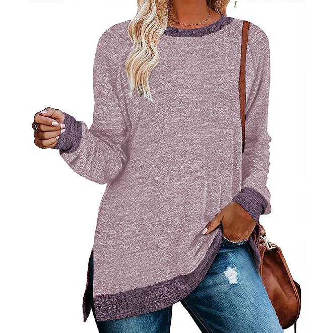 2026 New Long-Sleeve Round-Neck Color-Block Slit Top for Women, Loose Casual Pullover T-Shirt