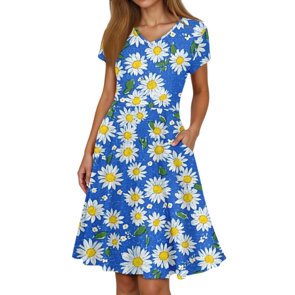 Ladies Summer Fashion Casual Floral Print V-Neck Short Sleeve Pocket Dress