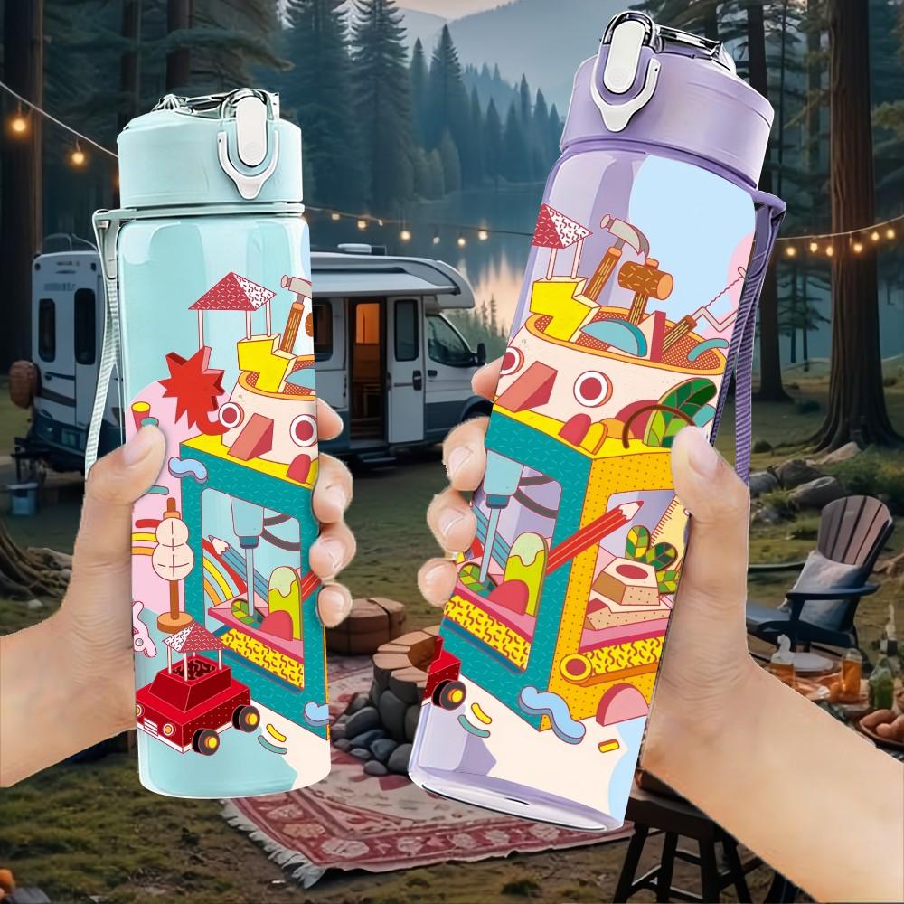 1PC Colorful Magic Box Doodle Art Pattern 750ml Color Plastic Sports Water Bottle Leakproof Flip Straw Lid Suitable for Sports Office Home Use