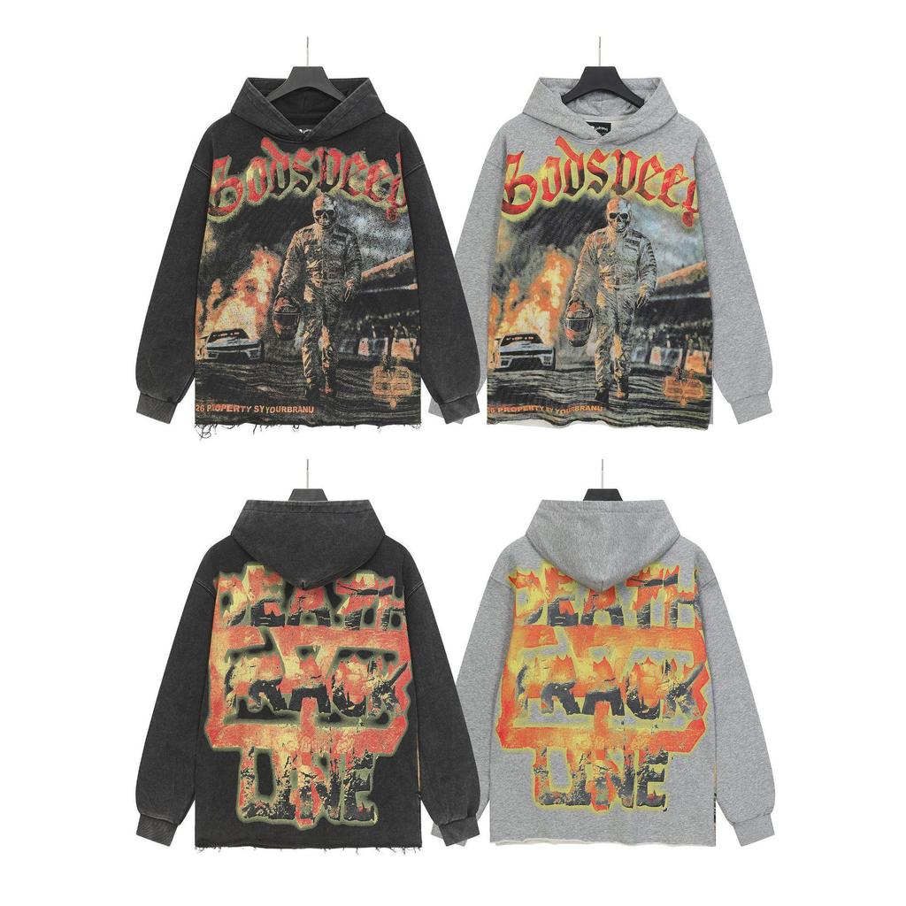 God Bless America Retro Rock Street Print Washed Hoodie - Casual Loose Fit