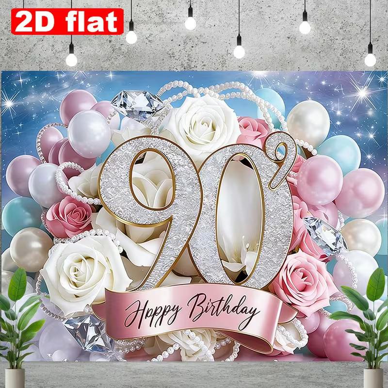 2D 90 Years Old Birthday Backdrop Sweet Pastel Flower Balloon Theme Party Photo Booth Background