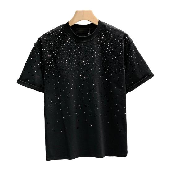 Sommer T-skjorte for menn Rhinestone Dekor Rundhals Løs Pure Farge Kortermet Pullover Uformell Midt Lengde Daglig slitasje Sport Topp