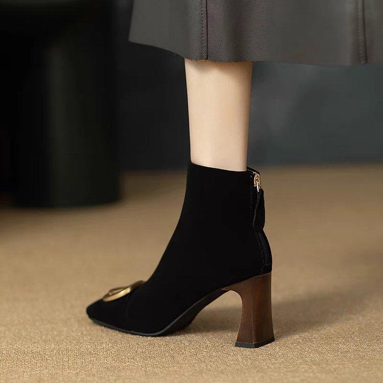 New Women's Ankle Boots Faux Dress Shoes Square Black Boots Mid-heel Zipper Elegant Winter Fashion Boots